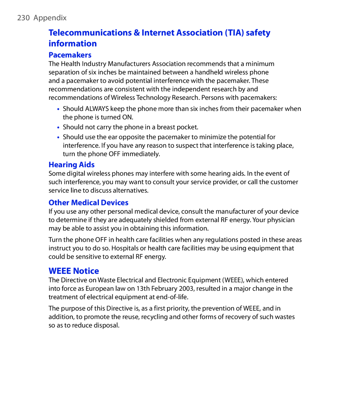 HTC NIKI100 user manual Pacemakers, Hearing Aids, Other Medical Devices 