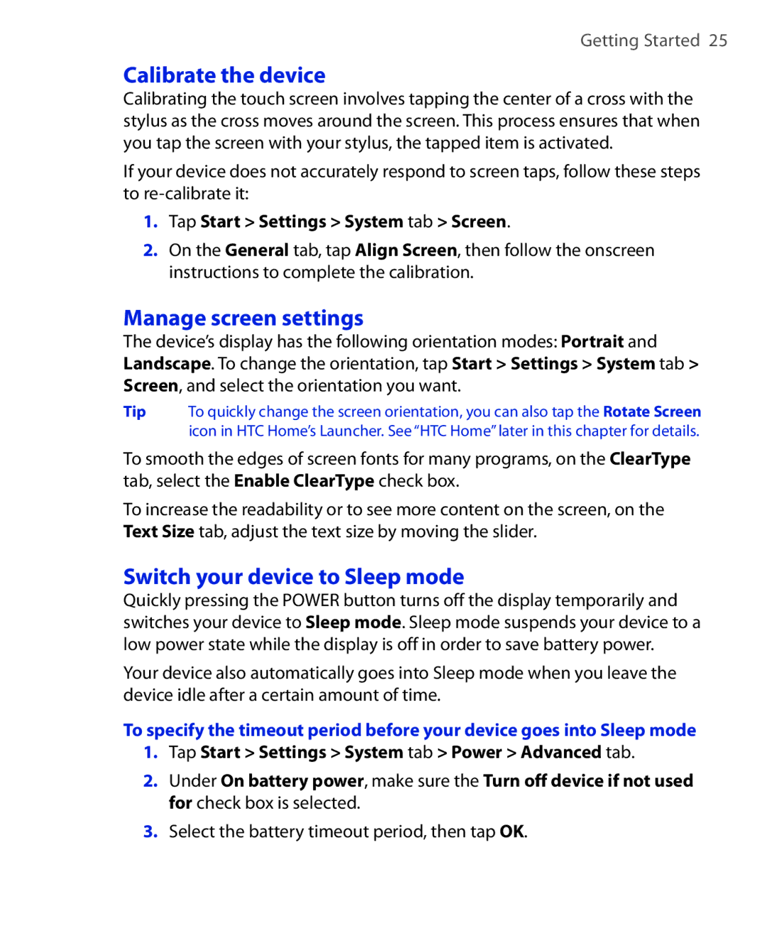 HTC NIKI100 user manual Calibrate the device, Manage screen settings, Switch your device to Sleep mode 