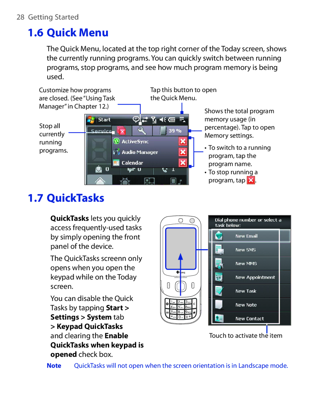 HTC NIKI100 user manual Quick Menu, QuickTasks when keypad is Opened check box 