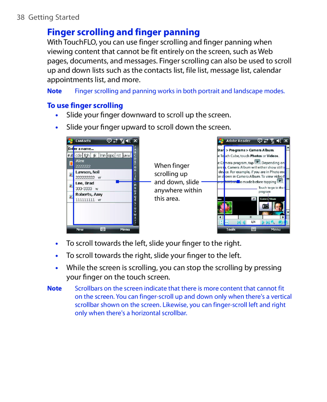 HTC NIKI100 user manual Finger scrolling and finger panning, To use finger scrolling 