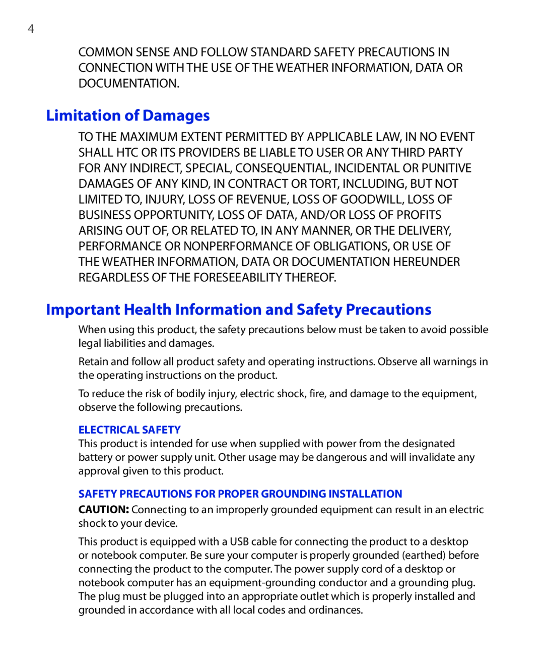 HTC NIKI100 user manual Limitation of Damages, Important Health Information and Safety Precautions 