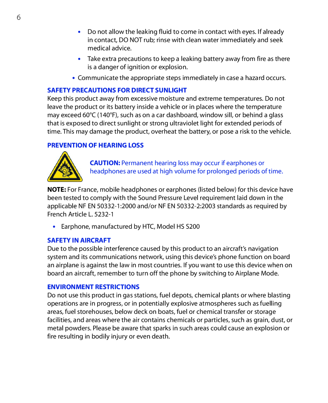 HTC NIKI100 user manual Prevention of Hearing Loss 