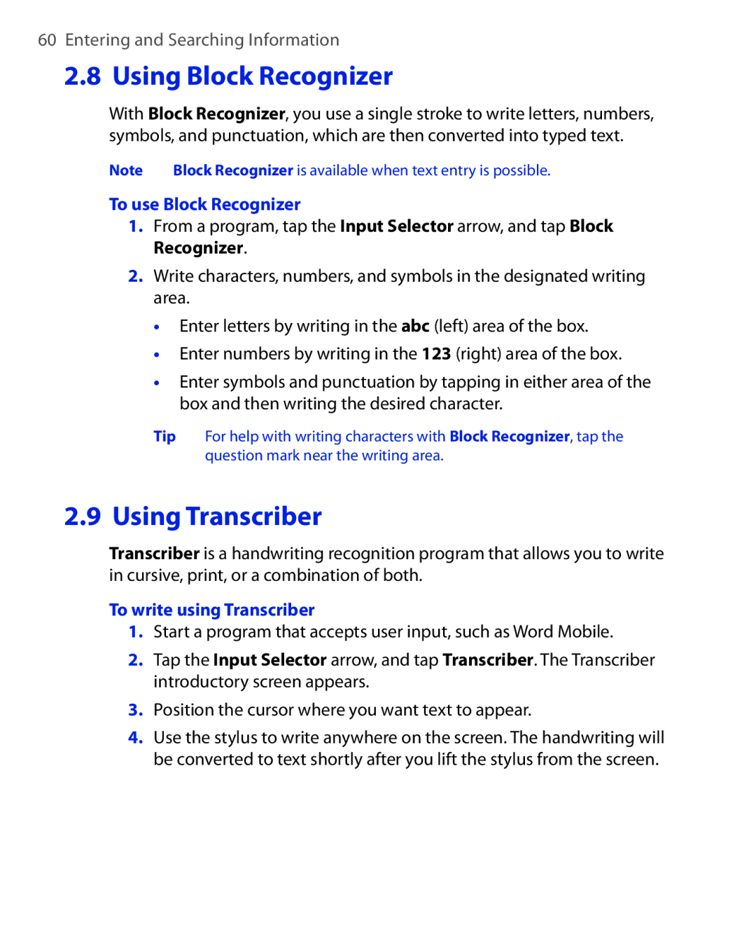 HTC NIKI100 user manual To use Block Recognizer, To write using Transcriber 