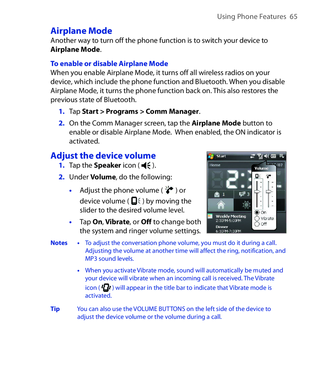 HTC NIKI100 user manual Adjust the device volume, To enable or disable Airplane Mode 