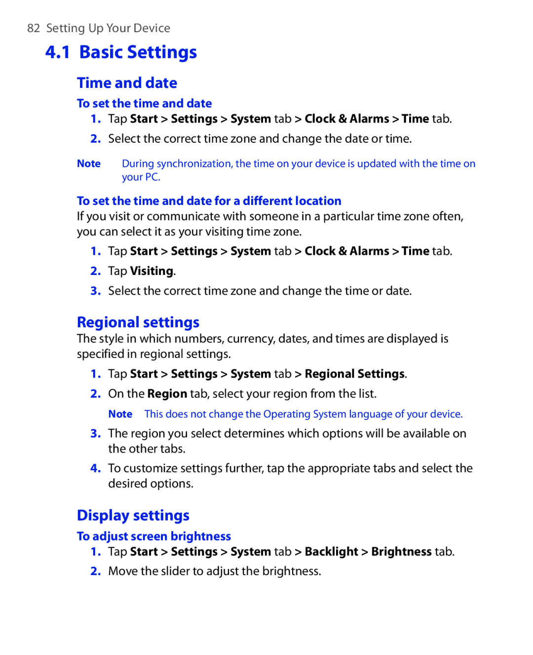 HTC NIKI100 user manual Basic Settings, Time and date, Regional settings, Display settings 