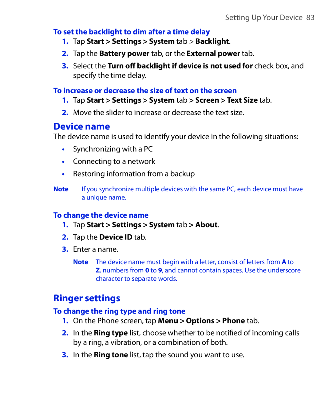 HTC NIKI100 user manual Device name, Ringer settings 