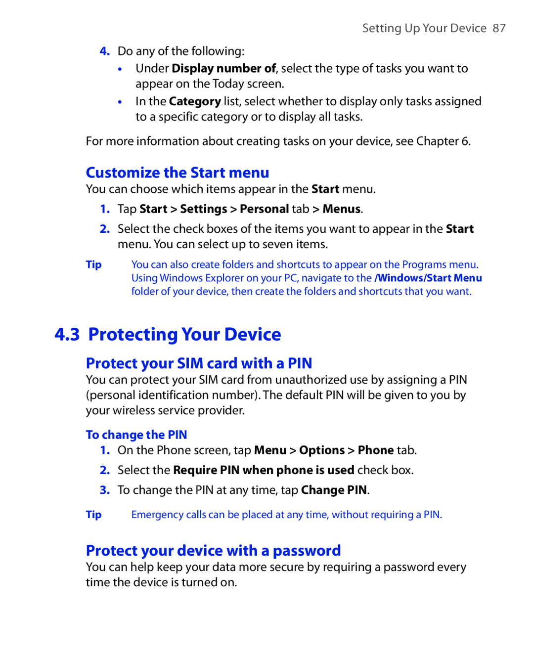 HTC NIKI100 user manual Customize the Start menu, Protect your SIM card with a PIN, Protect your device with a password 