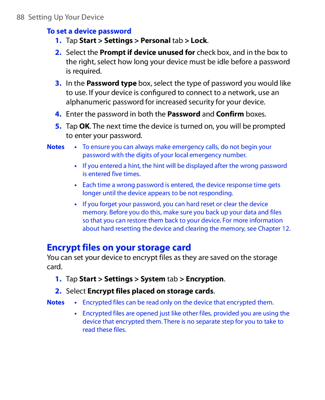 HTC NIKI100 user manual Encrypt files on your storage card, To set a device password, Tap Start Settings Personal tab Lock 