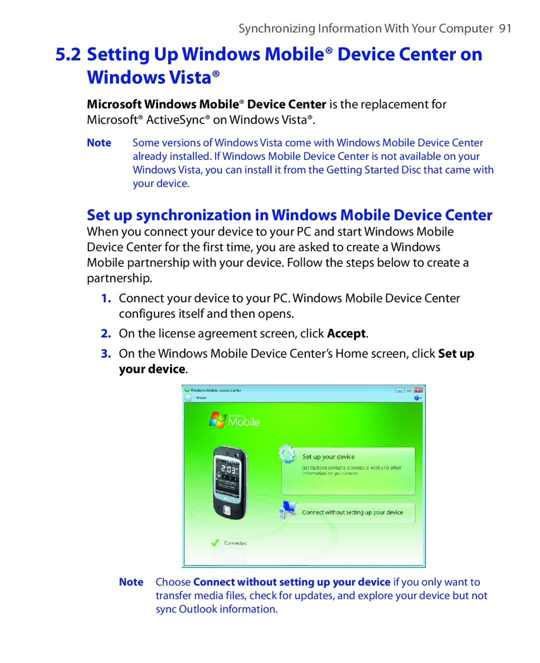 HTC NIKI100 user manual Setting Up Windows Mobile Device Center on Windows Vista 