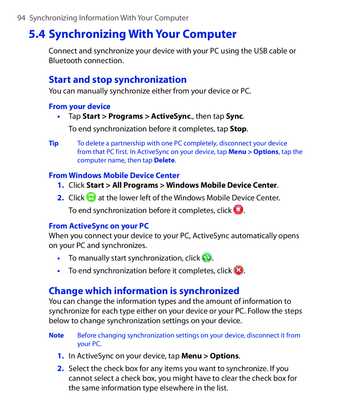 HTC NIKI100 user manual Start and stop synchronization, Change which information is synchronized, From your device 