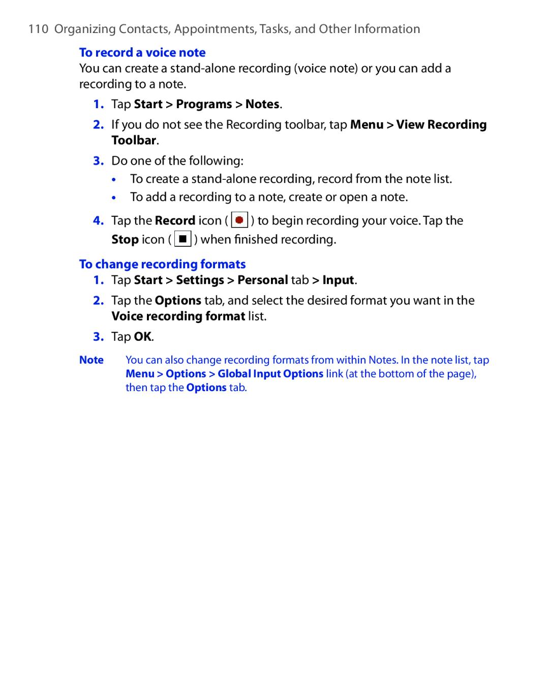 HTC NIKI160 user manual To record a voice note, To change recording formats, Tap Start Settings Personal tab Input 