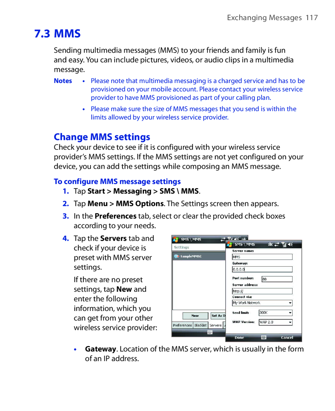 HTC NIKI160 user manual Change MMS settings, To configure MMS message settings 