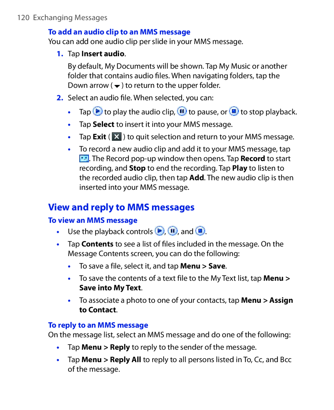 HTC NIKI160 user manual View and reply to MMS messages, To add an audio clip to an MMS message, Tap Insert audio 