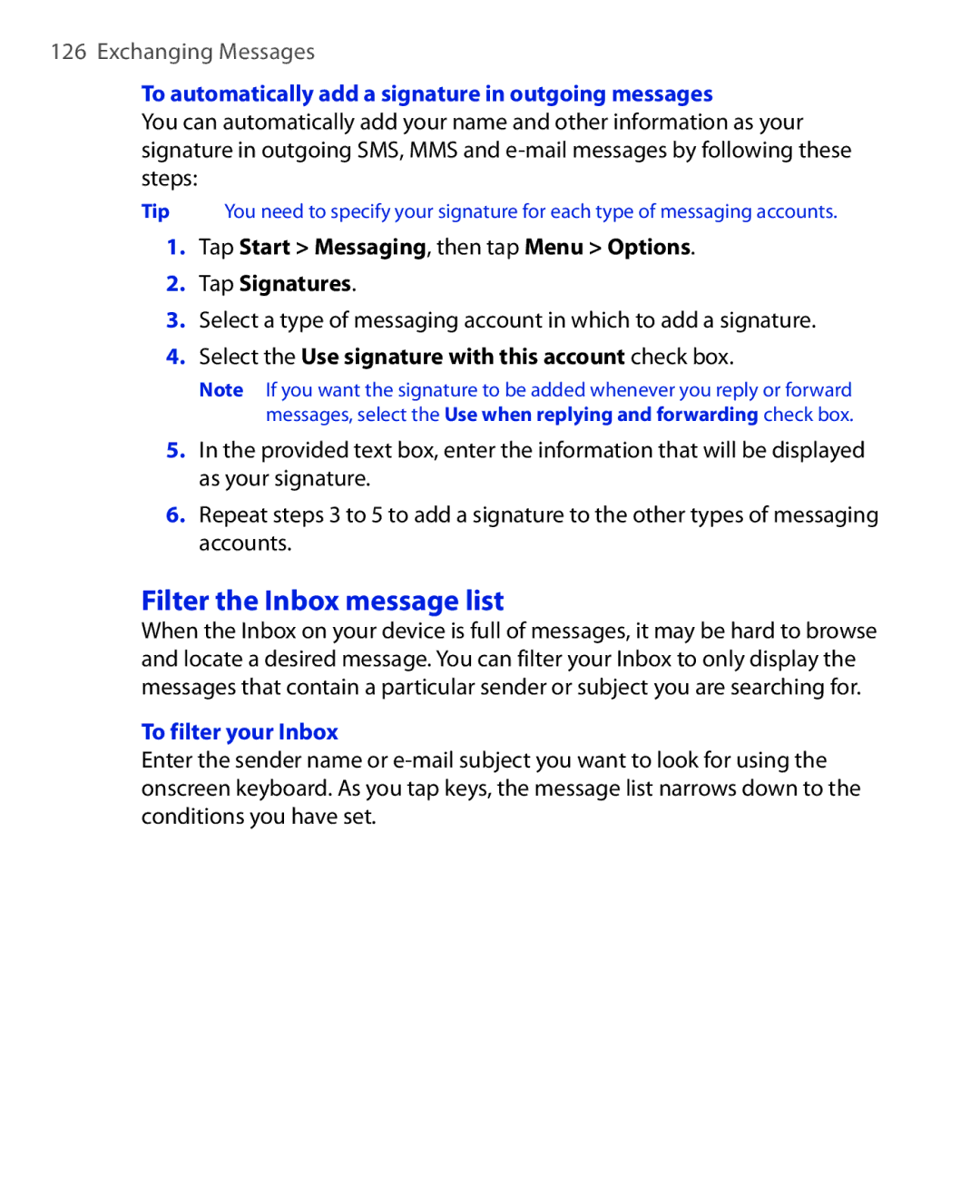 HTC NIKI160 user manual Filter the Inbox message list, To filter your Inbox 