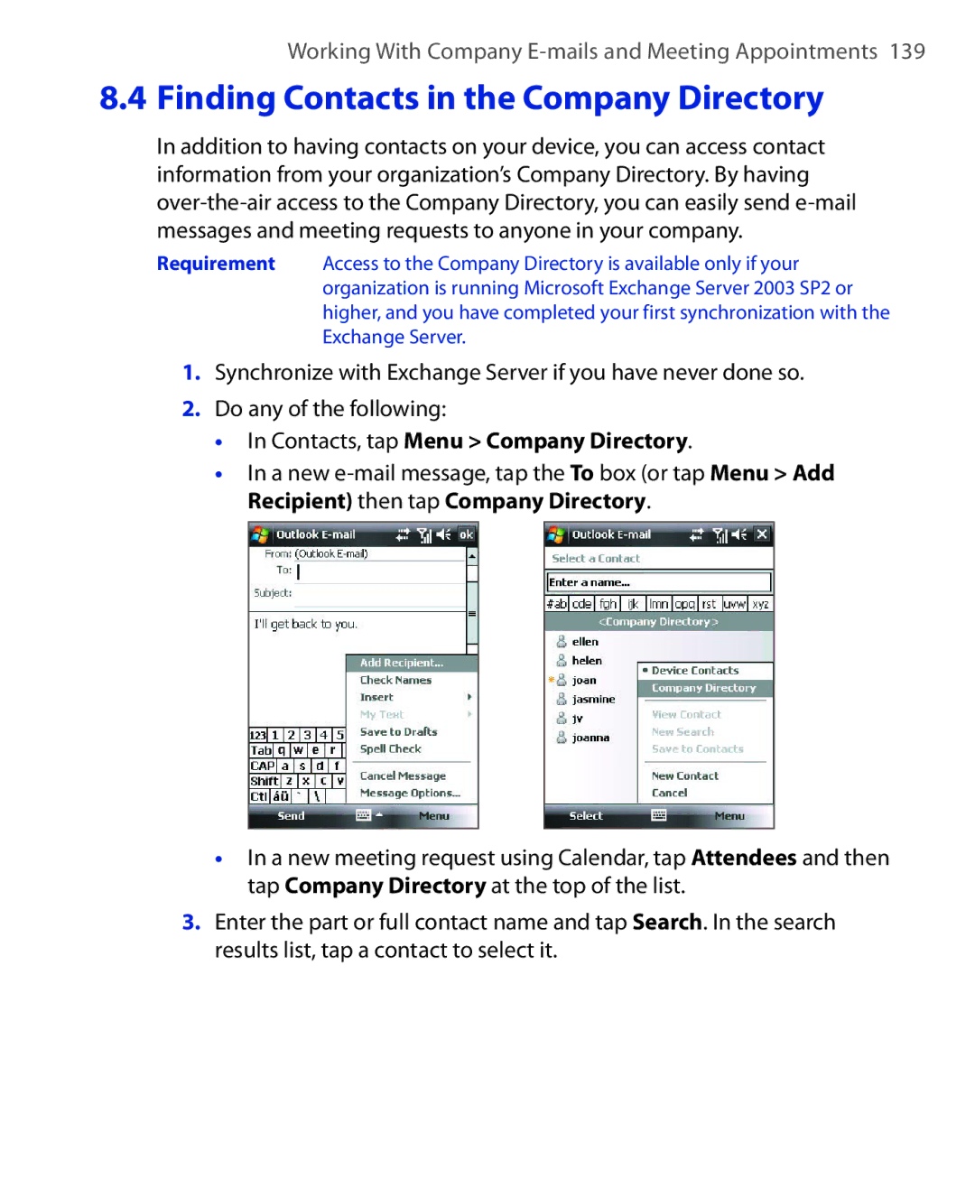 HTC NIKI160 user manual Finding Contacts in the Company Directory, Contacts, tap Menu Company Directory 