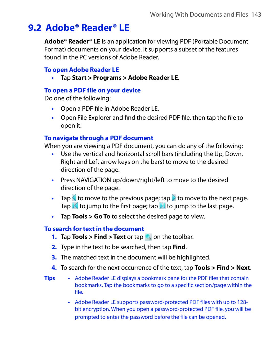 HTC NIKI160 user manual To open Adobe Reader LE, Tap Start Programs Adobe Reader LE, To search for text in the document 