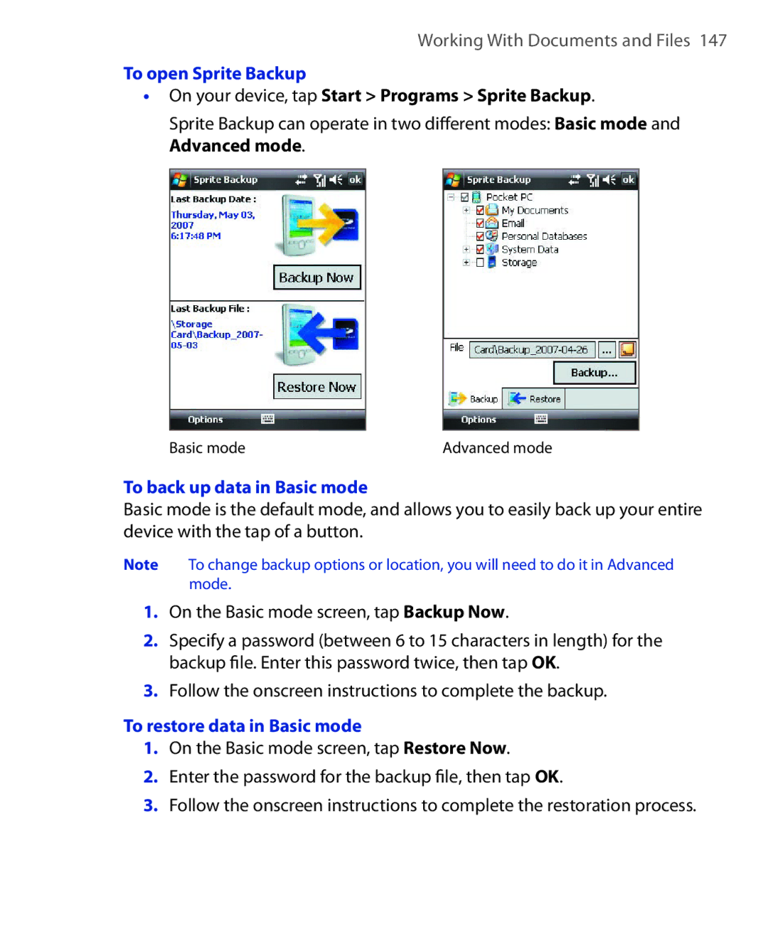 HTC NIKI160 To open Sprite Backup, On your device, tap Start Programs Sprite Backup, To back up data in Basic mode 