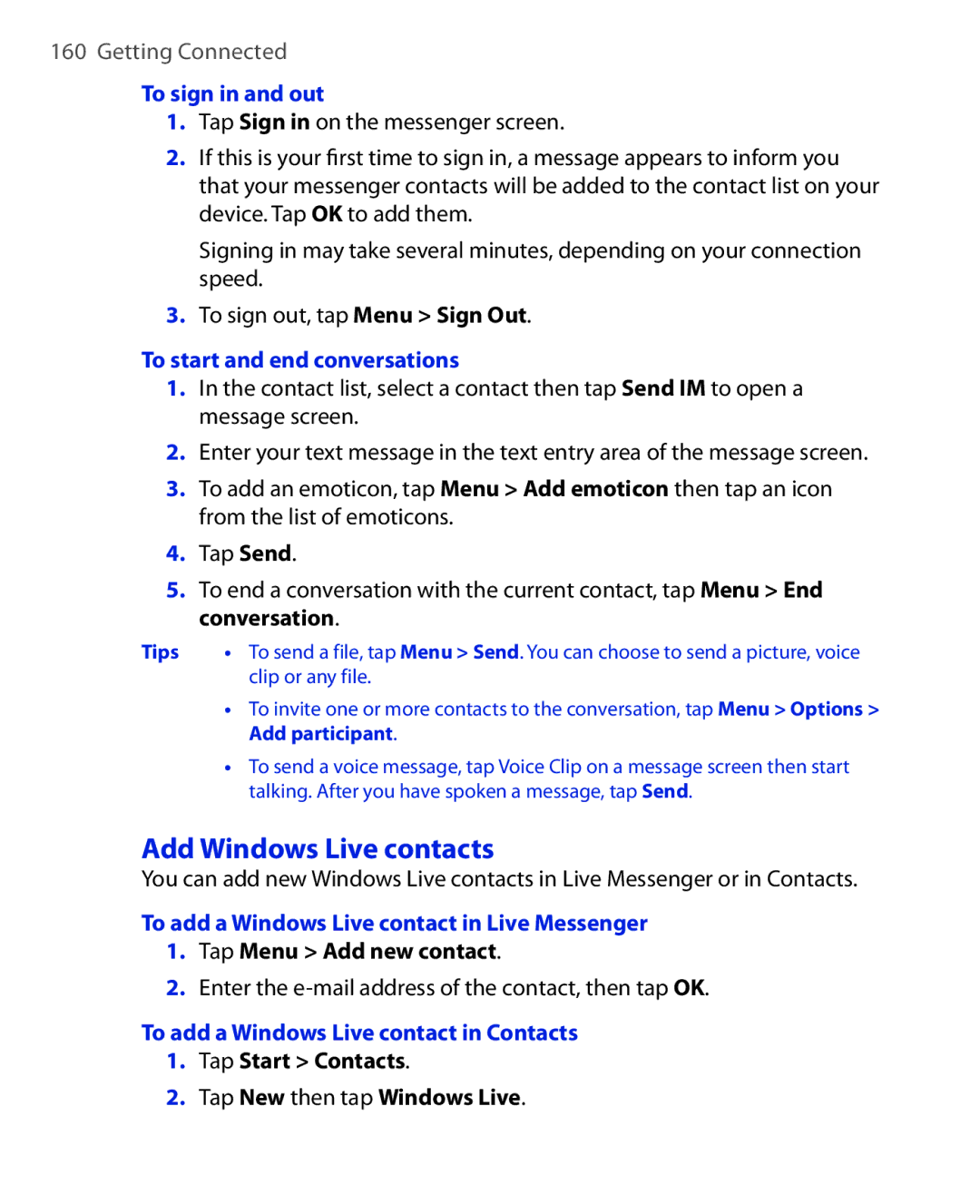 HTC NIKI160 user manual Add Windows Live contacts, To sign in and out, To start and end conversations 