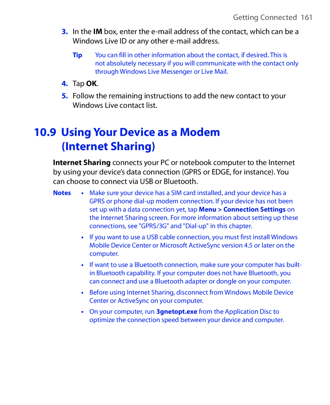 HTC NIKI160 user manual Using Your Device as a Modem Internet Sharing 