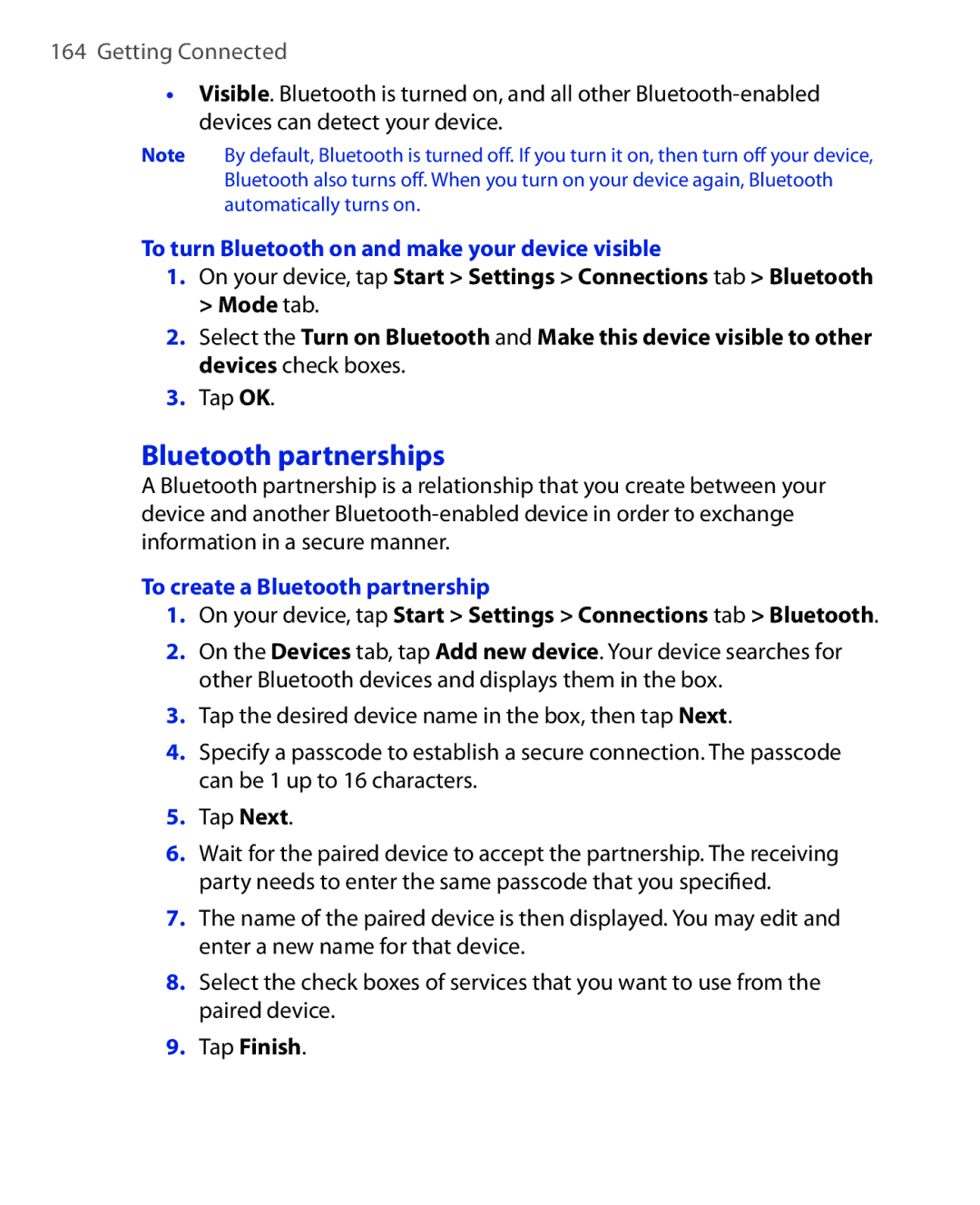 HTC NIKI160 Bluetooth partnerships, To turn Bluetooth on and make your device visible, To create a Bluetooth partnership 