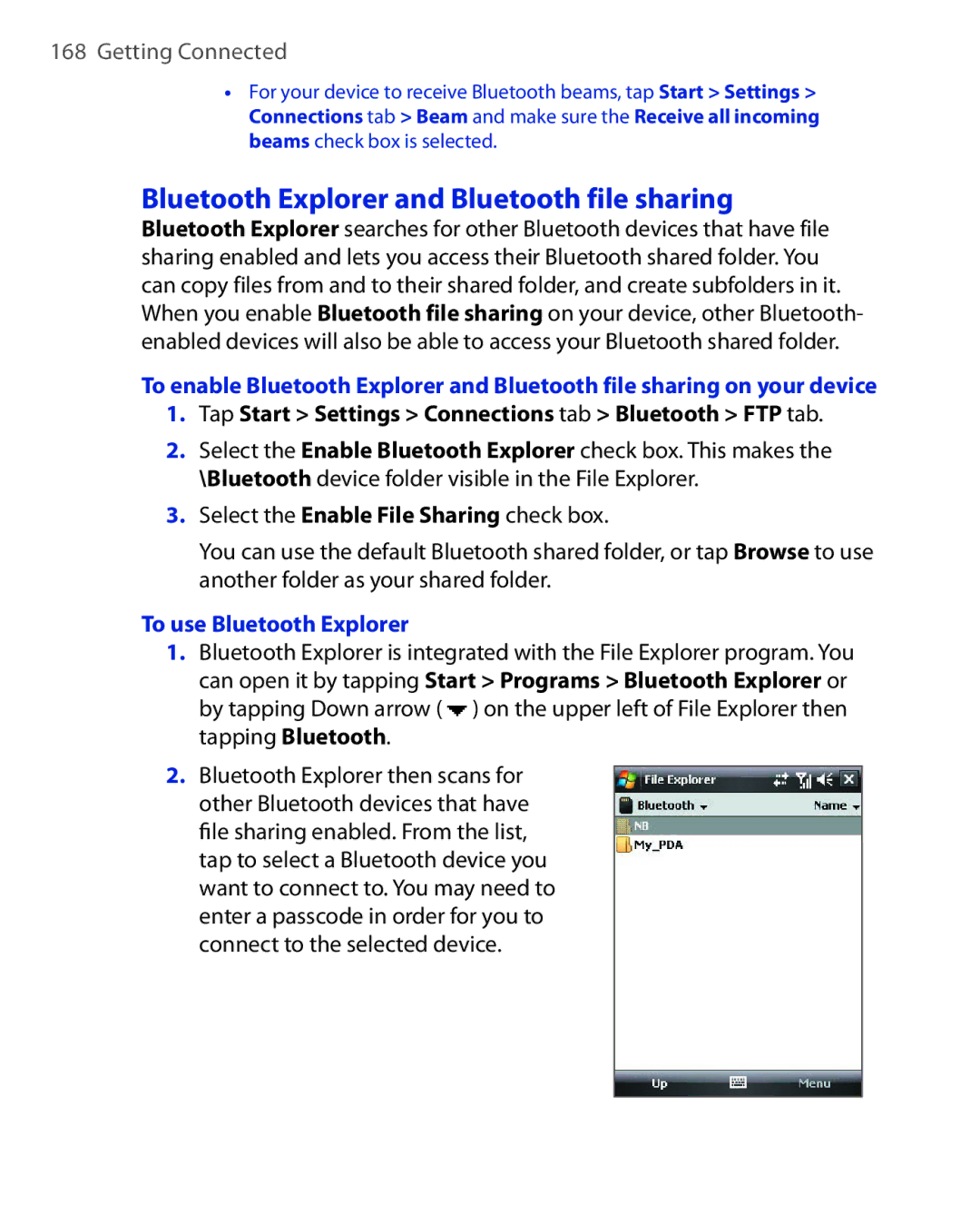 HTC NIKI160 user manual Bluetooth Explorer and Bluetooth file sharing, Tap Start Settings Connections tab Bluetooth FTP tab 