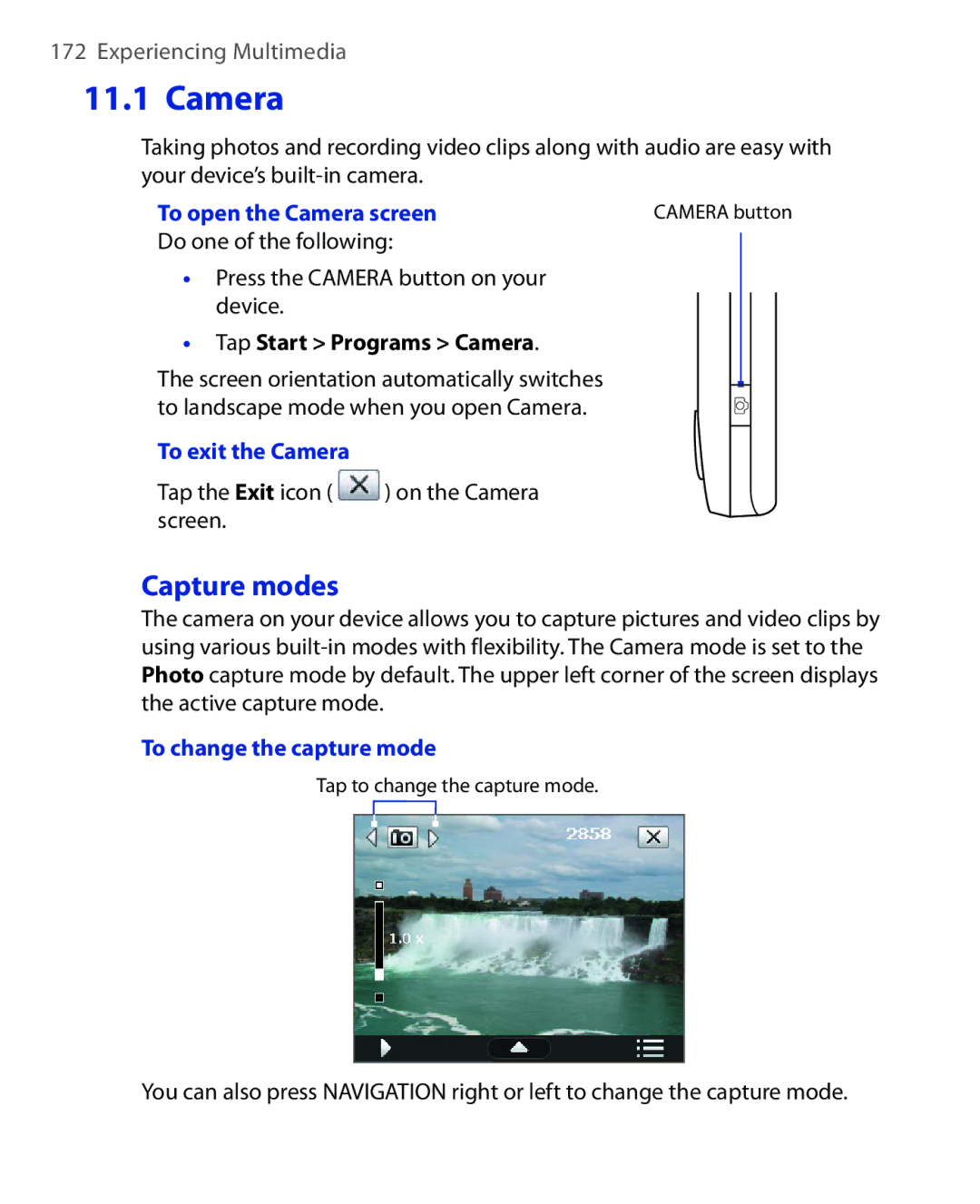 HTC NIKI160 user manual Capture modes, To open the Camera screen, To exit the Camera, To change the capture mode 