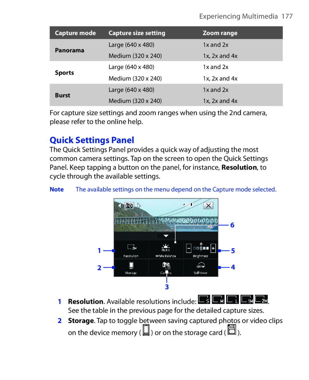 HTC NIKI160 user manual Quick Settings Panel, Capture mode Capture size setting Zoom range 