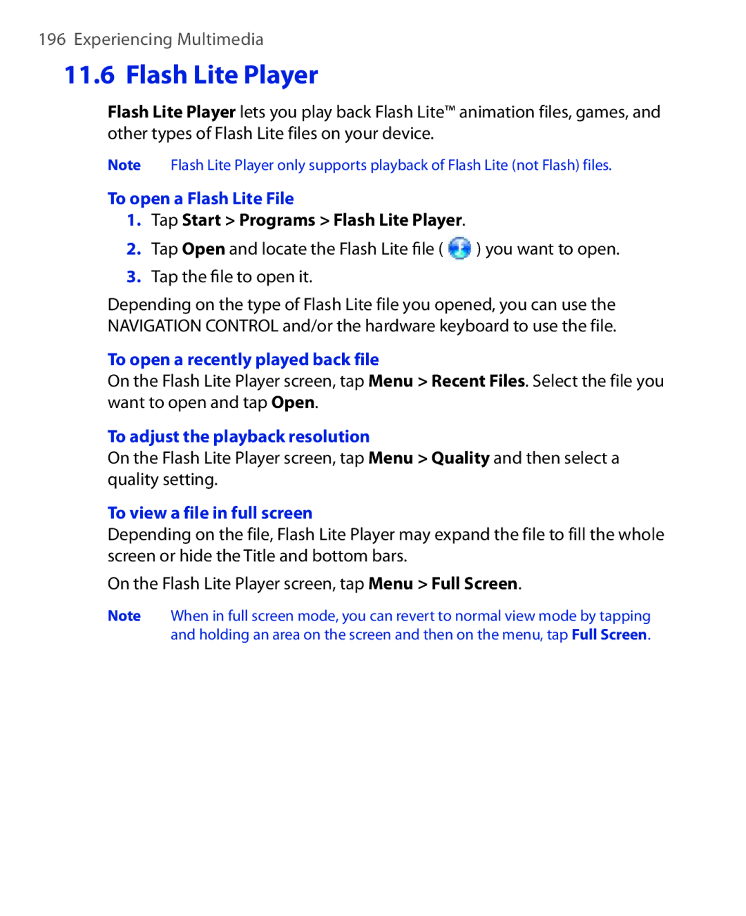 HTC NIKI160 To open a Flash Lite File, Tap Start Programs Flash Lite Player, To open a recently played back file 