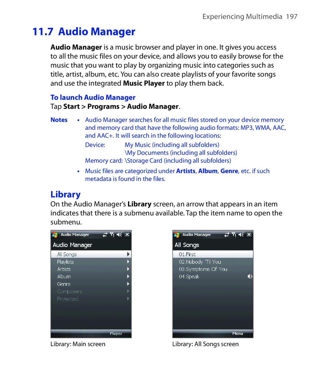 HTC NIKI160 user manual Library, To launch Audio Manager, Tap Start Programs Audio Manager 