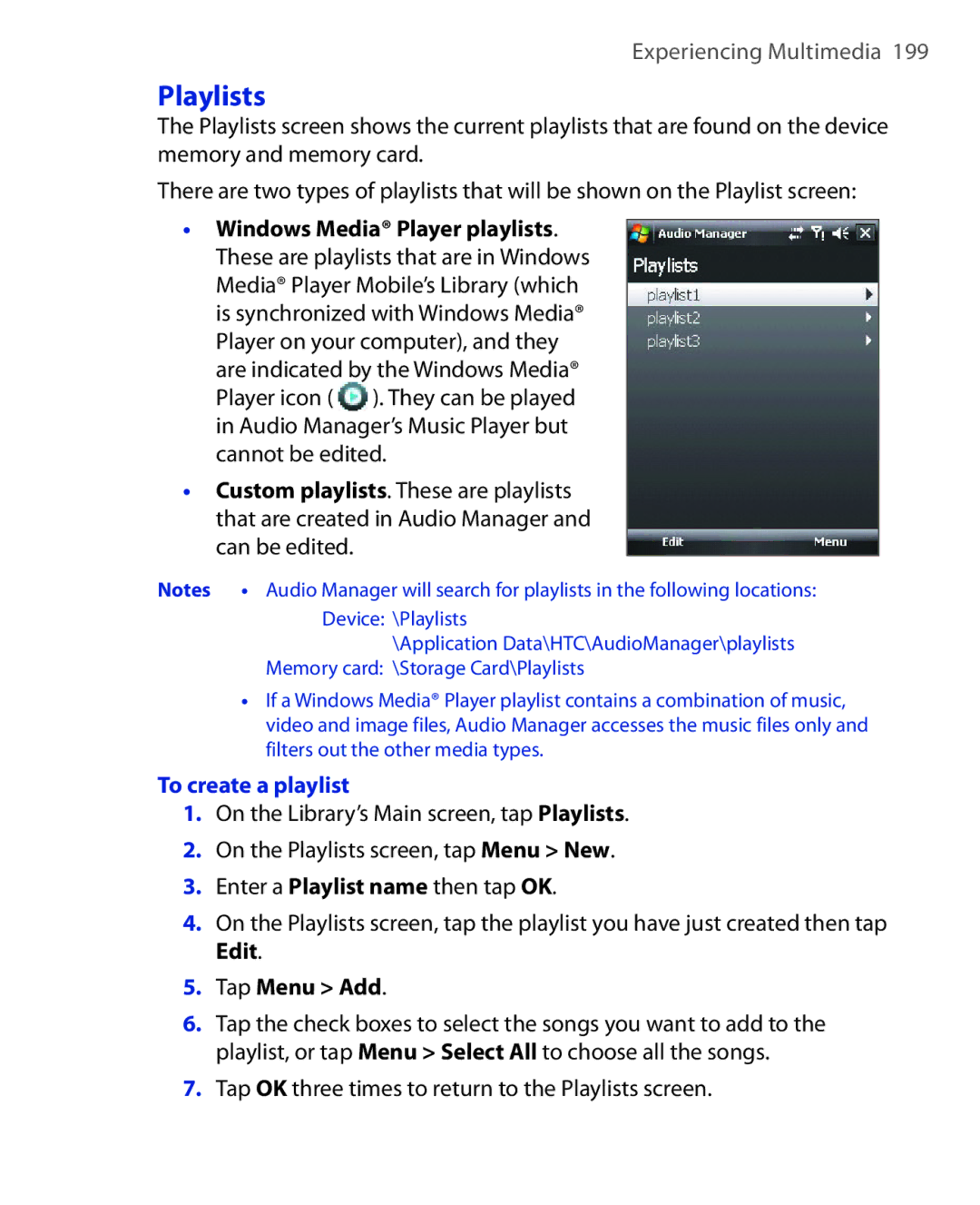 HTC NIKI160 user manual To create a playlist, Tap Menu Add 