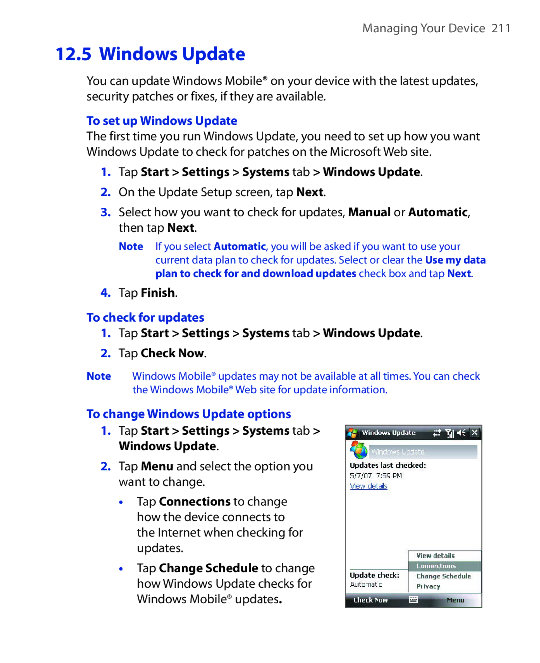 HTC NIKI160 user manual To set up Windows Update, Tap Start Settings Systems tab Windows Update, To check for updates 