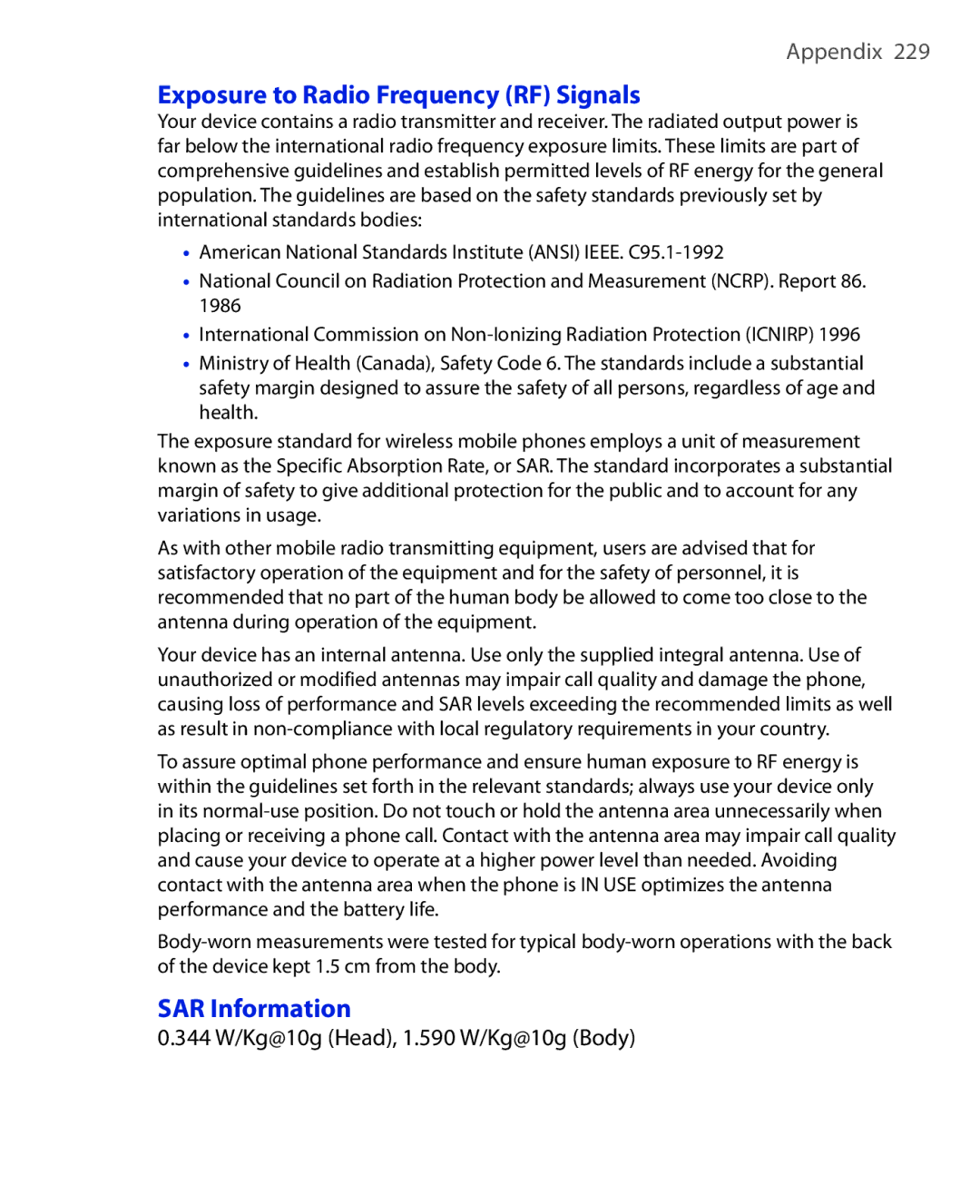 HTC NIKI160 user manual Exposure to Radio Frequency RF Signals, 344 W/Kg@10g Head, 1.590 W/Kg@10g Body 