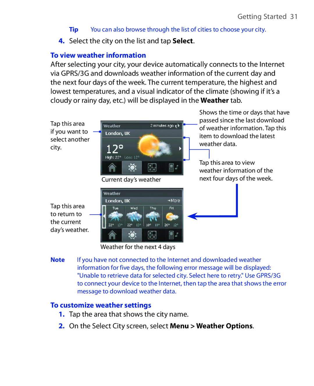 HTC NIKI160 Select the city on the list and tap Select, To view weather information, To customize weather settings 