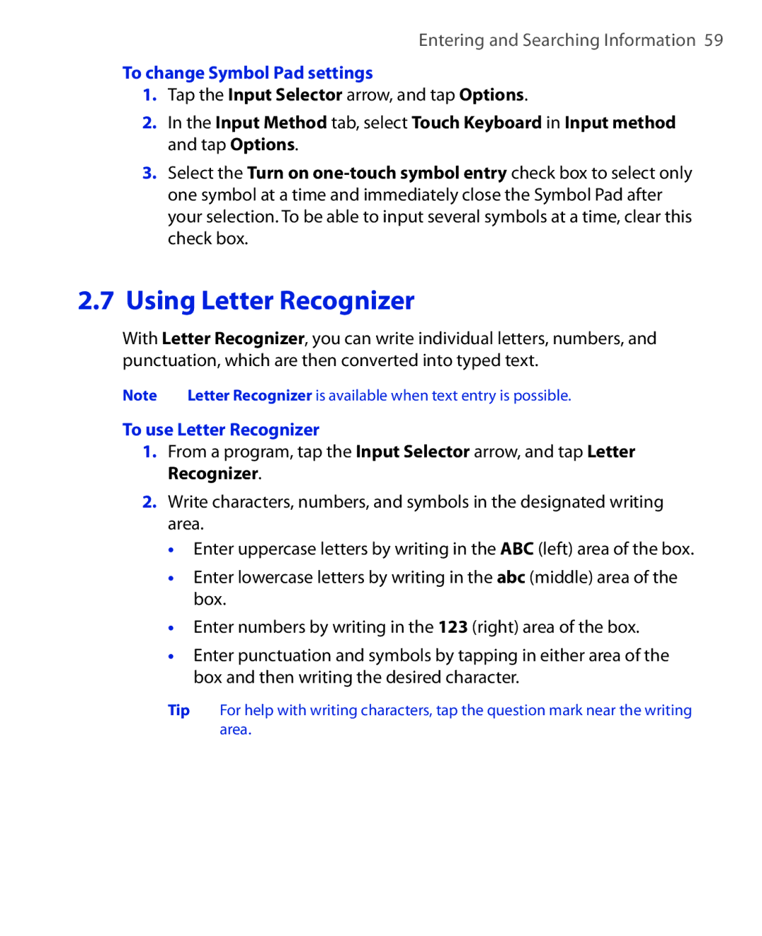 HTC NIKI160 user manual To change Symbol Pad settings, To use Letter Recognizer 