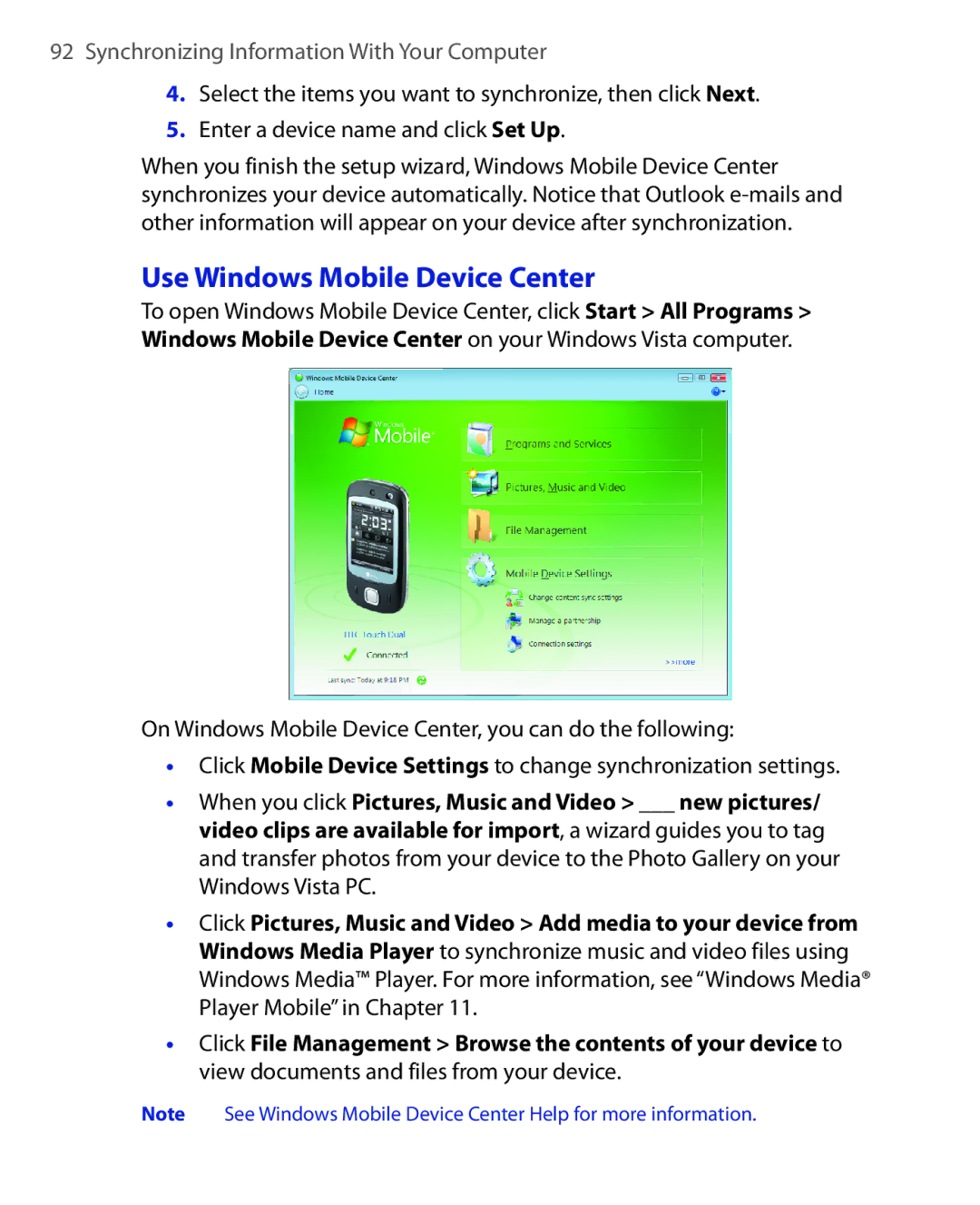 HTC NIKI160 user manual Use Windows Mobile Device Center 