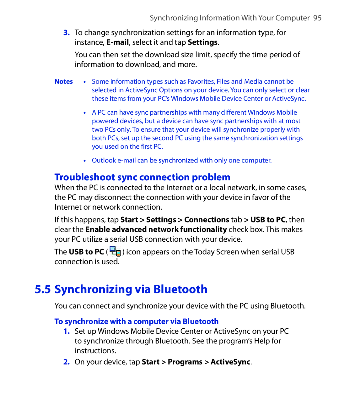 HTC NIKI160 user manual Troubleshoot sync connection problem, To synchronize with a computer via Bluetooth 