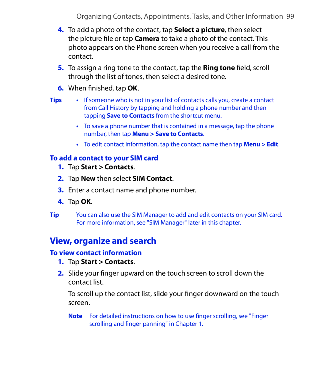 HTC NIKI160 user manual View, organize and search, To add a contact to your SIM card, To view contact information 