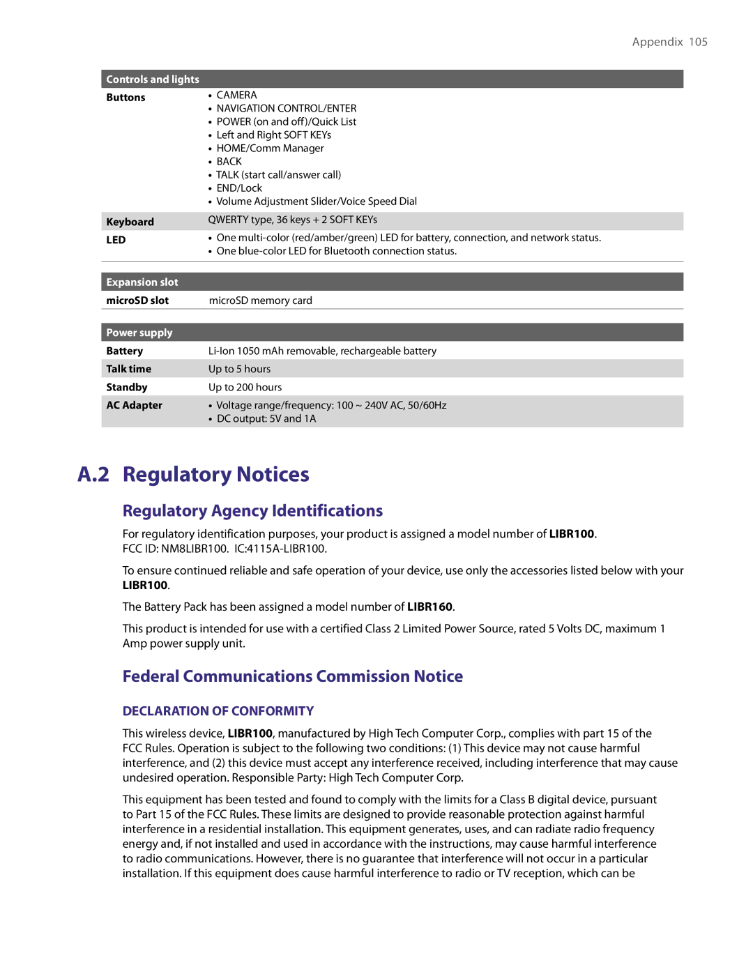 HTC NM8LIBR100 user manual Regulatory Notices, Regulatory Agency Identifications, Federal Communications Commission Notice 