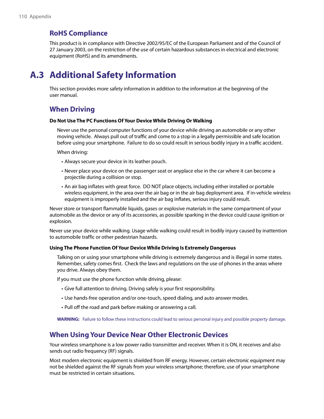 HTC NM8LIBR100 user manual Additional Safety Information, RoHS Compliance, When Driving 