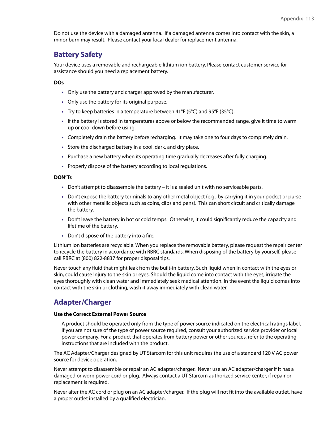 HTC NM8LIBR100 user manual Battery Safety, Adapter/Charger, DOs, DON’Ts, Use the Correct External Power Source 