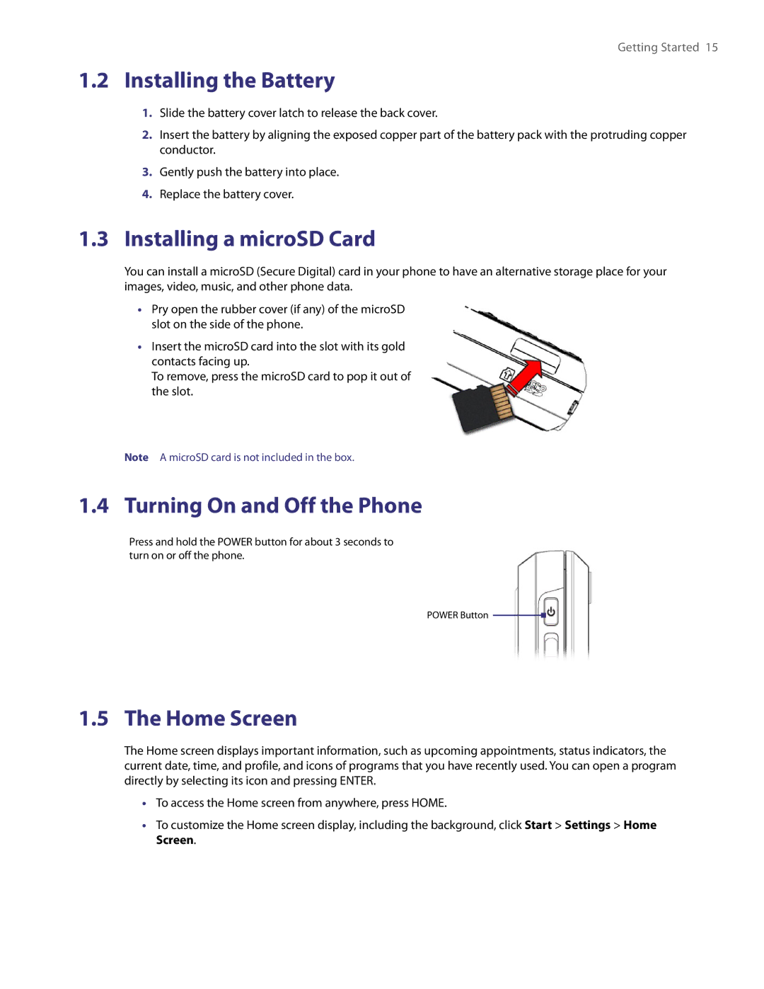 HTC NM8LIBR100 user manual Installing the Battery, Installing a microSD Card, Turning On and Off the Phone, Home Screen 