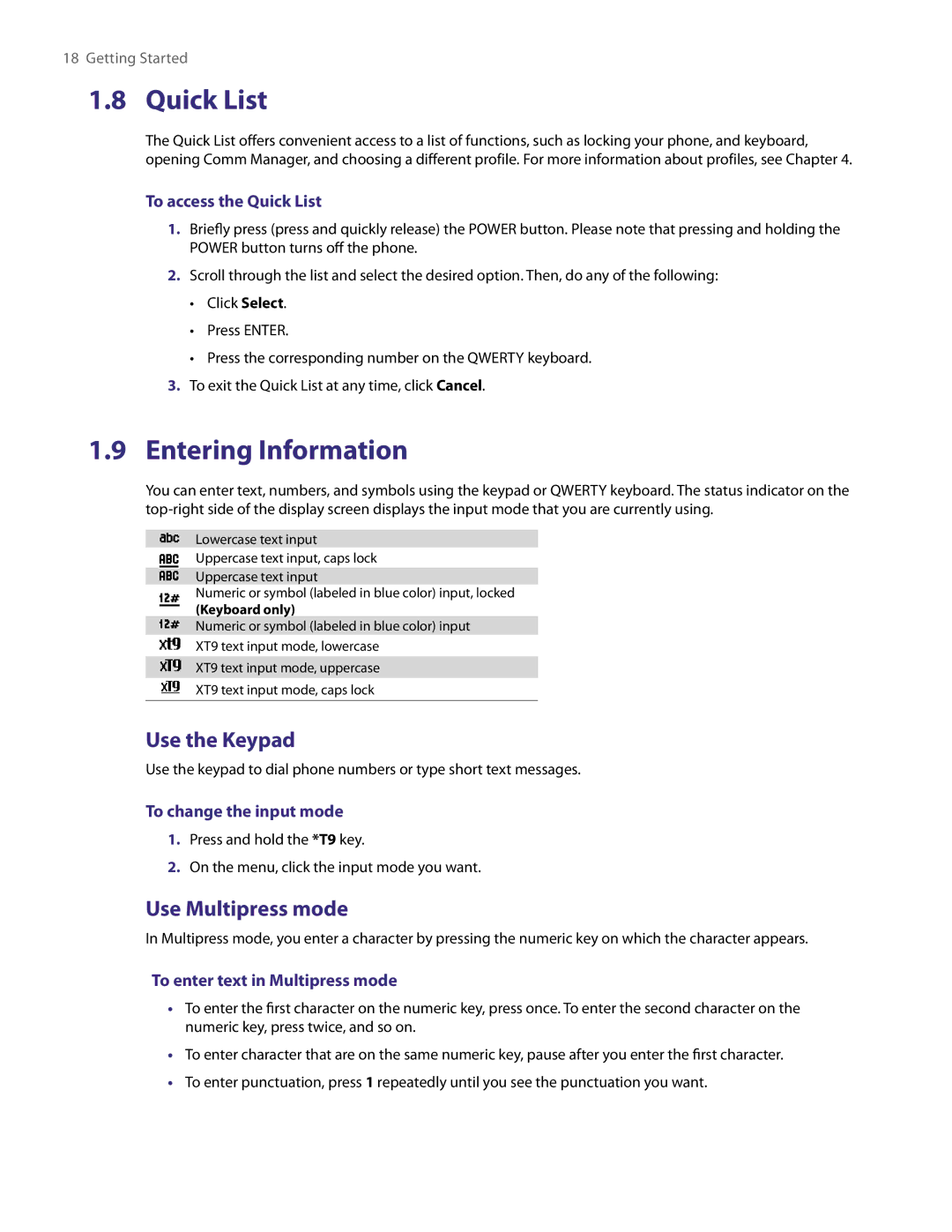 HTC NM8LIBR100 user manual Quick List, Entering Information, Use the Keypad, Use Multipress mode 