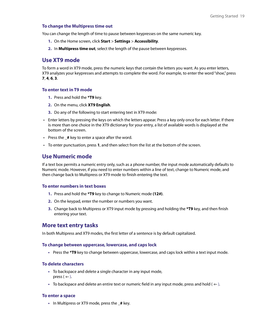 HTC NM8LIBR100 user manual Use XT9 mode, Use Numeric mode, More text entry tasks 