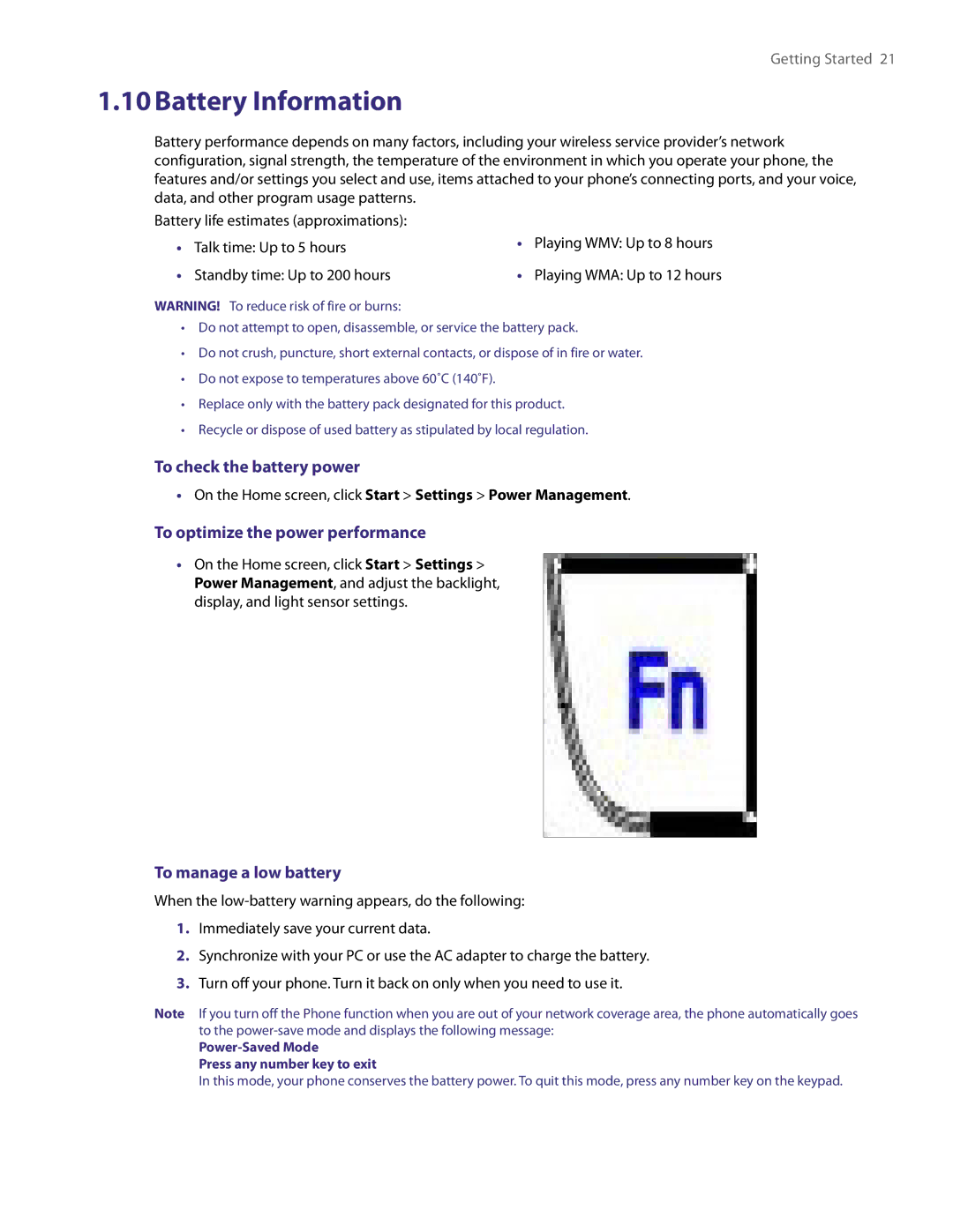 HTC NM8LIBR100 Battery Information, To check the battery power, To optimize the power performance, To manage a low battery 