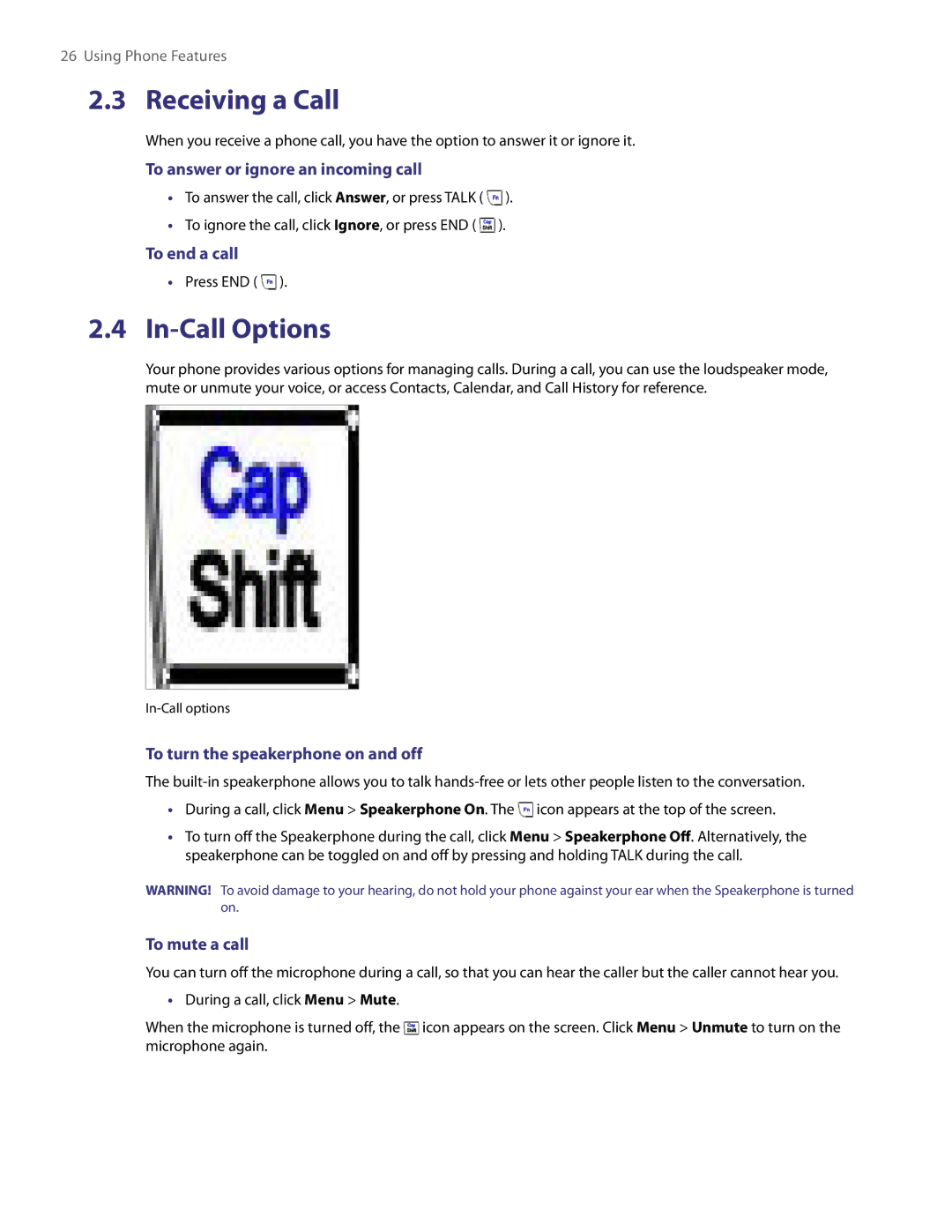 HTC NM8LIBR100 user manual Receiving a Call, In-Call Options 