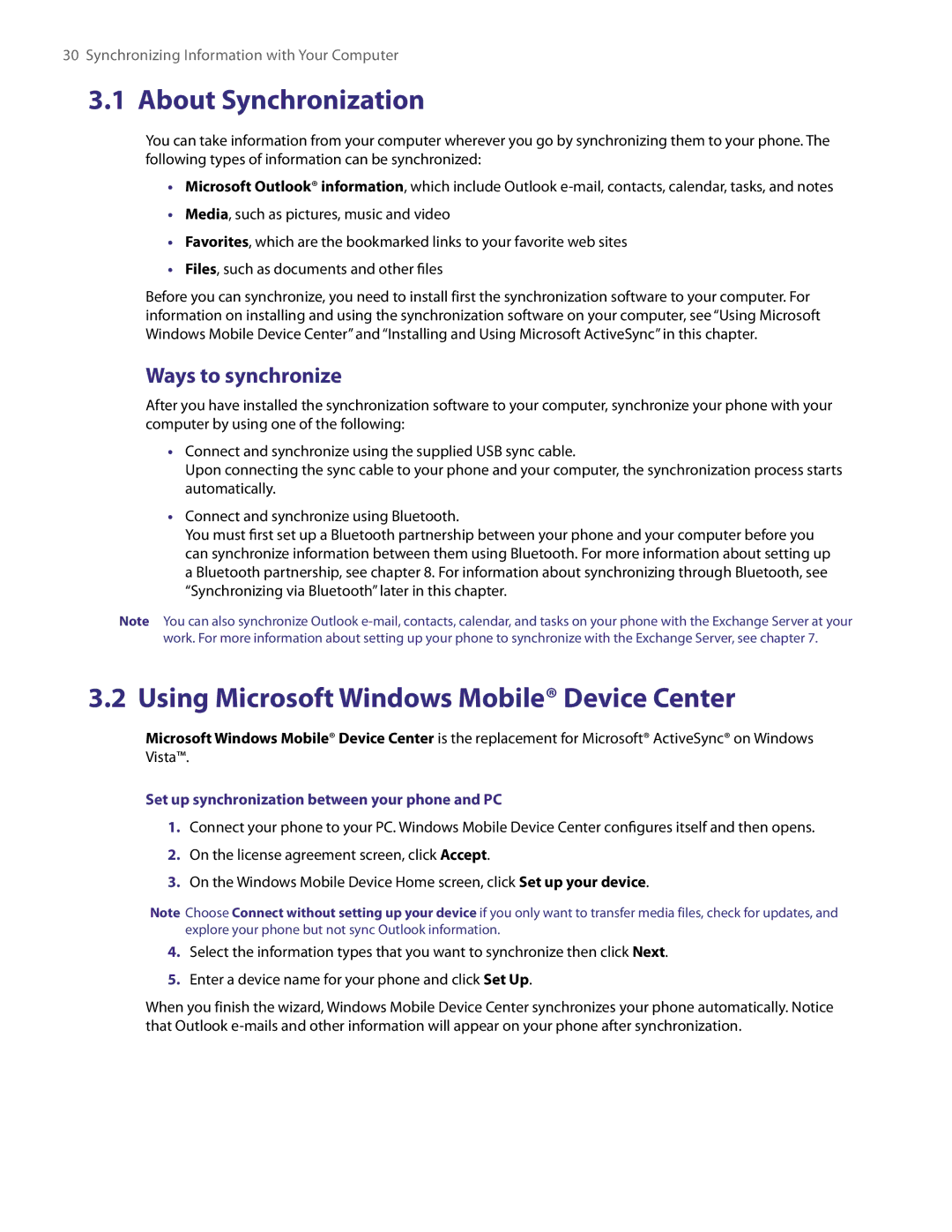 HTC NM8LIBR100 user manual About Synchronization, Using Microsoft Windows Mobile Device Center, Ways to synchronize 