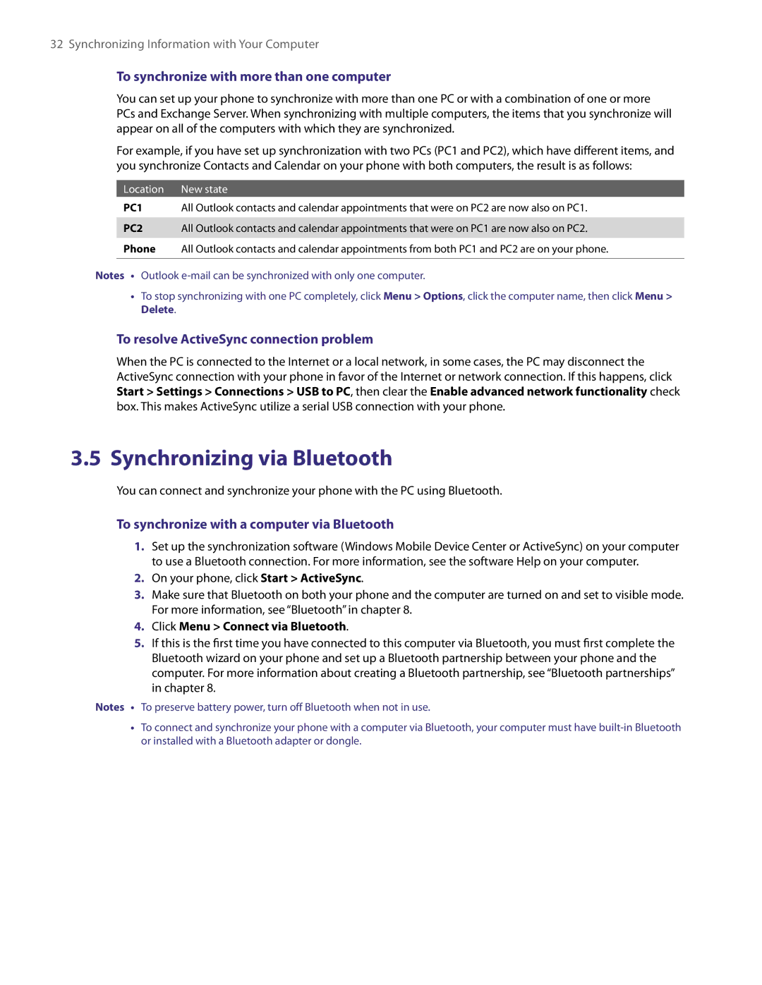 HTC NM8LIBR100 Synchronizing via Bluetooth, To synchronize with more than one computer, Click Menu Connect via Bluetooth 