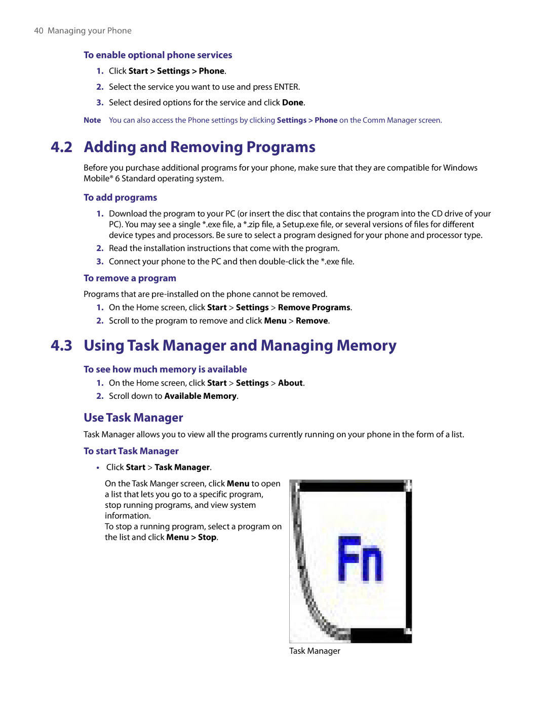 HTC NM8LIBR100 user manual Adding and Removing Programs, Using Task Manager and Managing Memory, Use Task Manager 