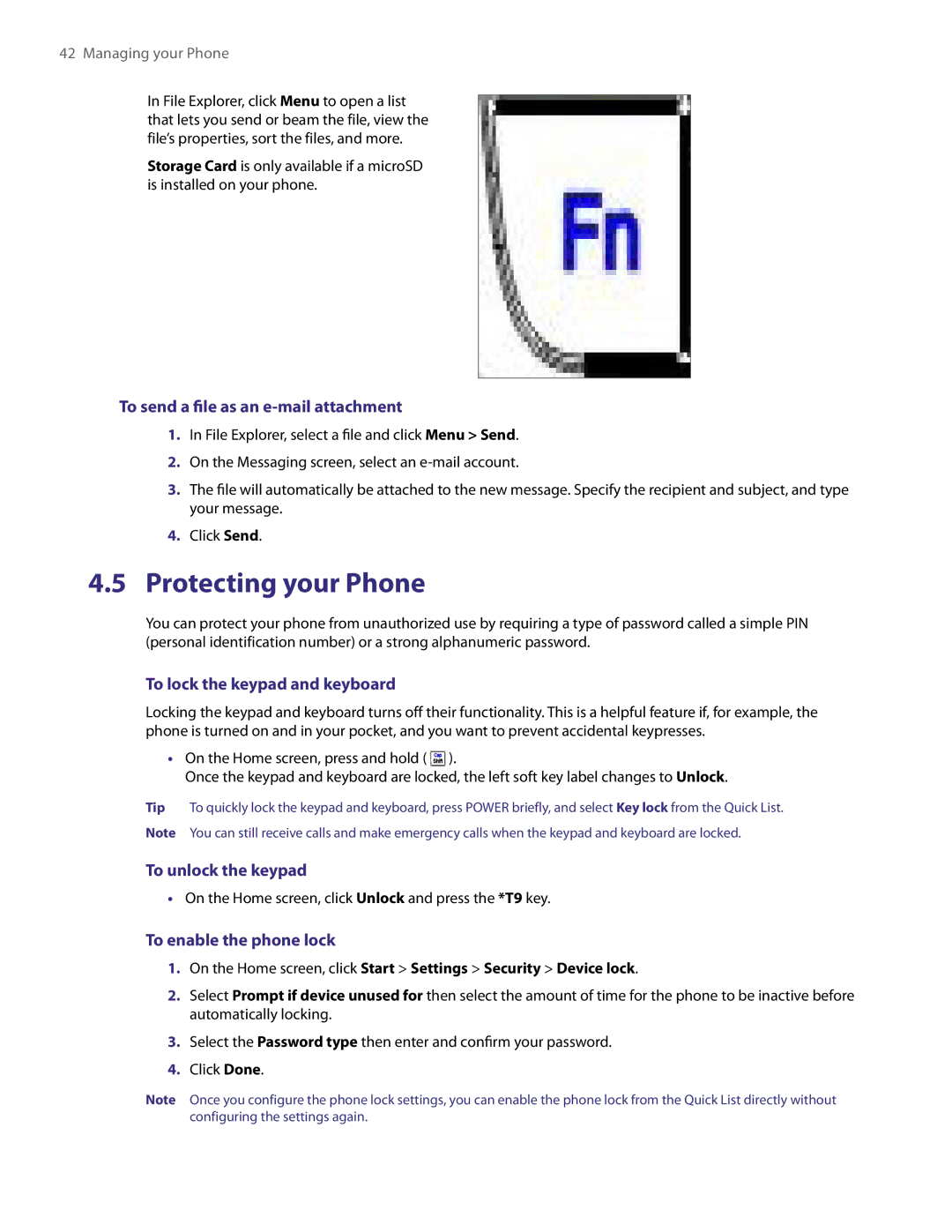 HTC NM8LIBR100 user manual Protecting your Phone, To send a ﬁle as an e-mail attachment, To lock the keypad and keyboard 