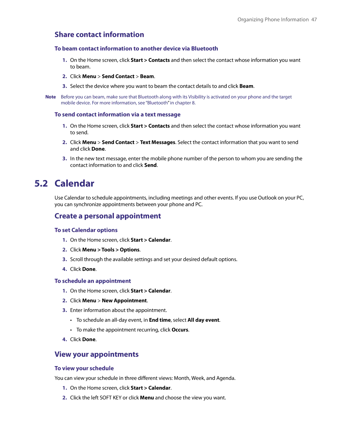 HTC NM8LIBR100 user manual Calendar, Share contact information, Create a personal appointment, View your appointments 